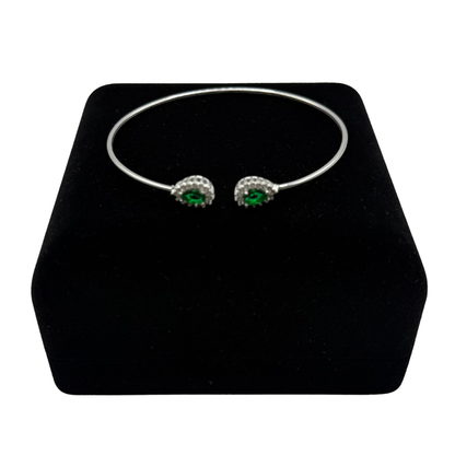 GREEN OVAL STONE WITH CZ DIAMONDS ON SILVER BANGLE Oppulence