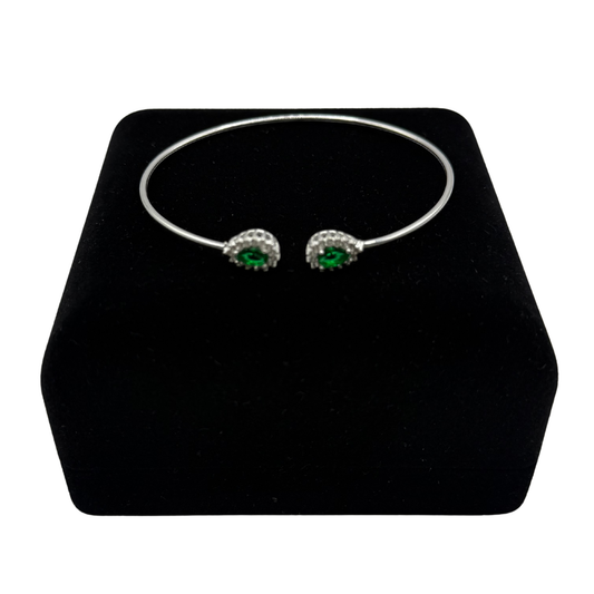 GREEN OVAL STONE WITH CZ DIAMONDS ON SILVER BANGLE Oppulence