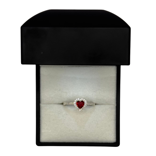 RED STONE SILVER CZ HEART RING Oppulence