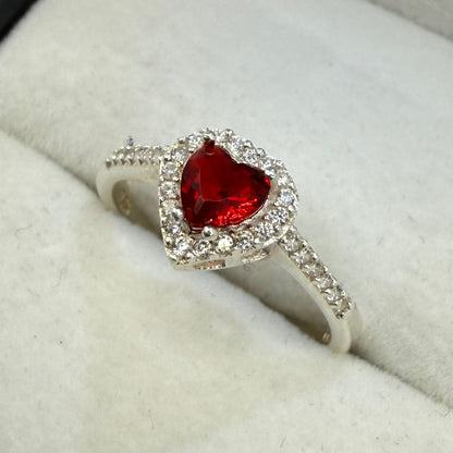 RED STONE SILVER CZ HEART RING Oppulence